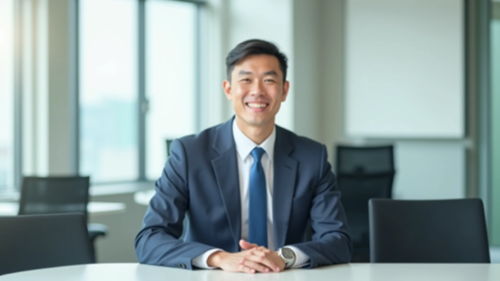 Person in professional setting, sitting calmly with confident posture, bright office environment with natural lighting