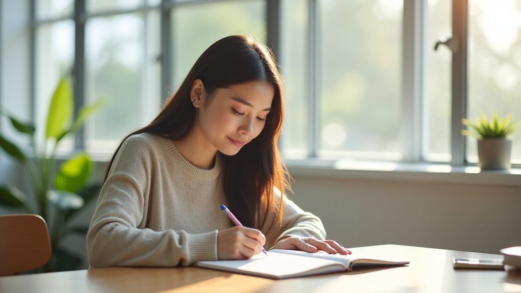 Person writing notes in a journal at a wooden desk with morning light coming through window, focused on reflective work