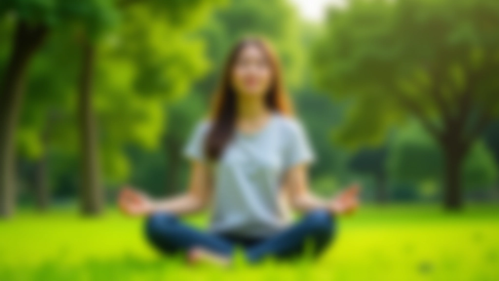 Person meditating outdoors in a park, sitting peacefully on grass with trees in background