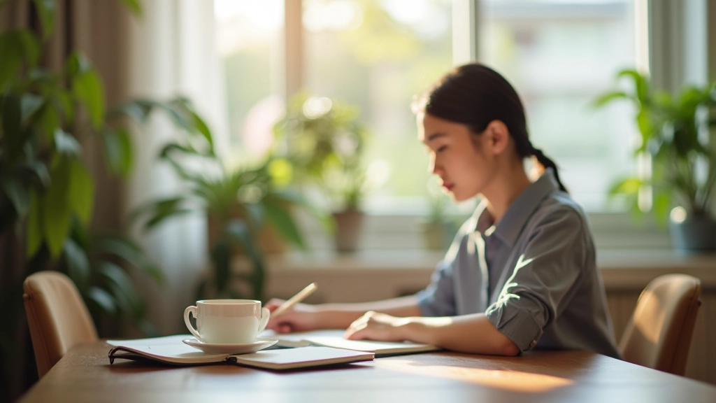 Person writing in journal during reflective moment, natural light, peaceful workspace setting with plants